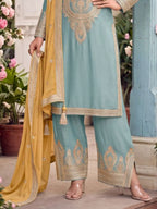 Powder Blue Embroidered Chinon Silk Palazzo Suit Set with Contrast Dupatta - View 3