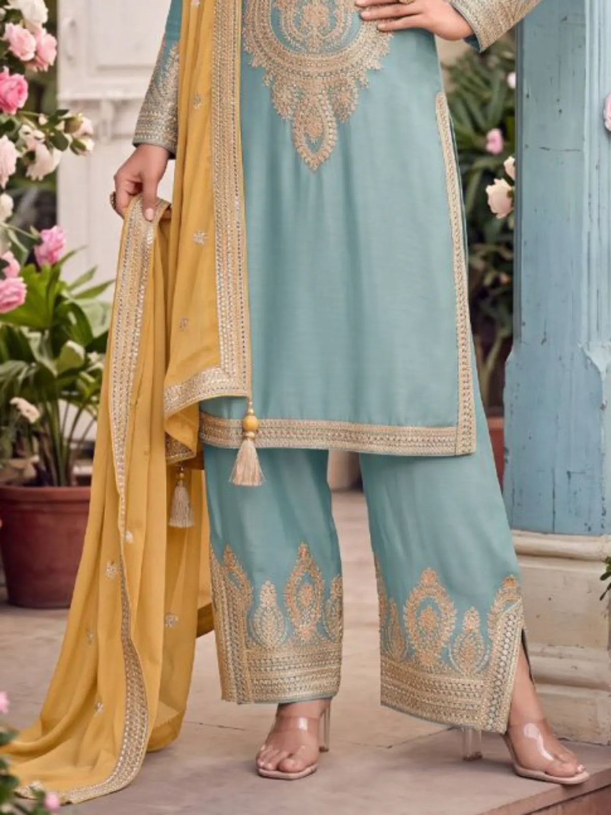 Powder Blue Embroidered Chinon Silk Palazzo Suit Set with Contrast Dupatta - View 3