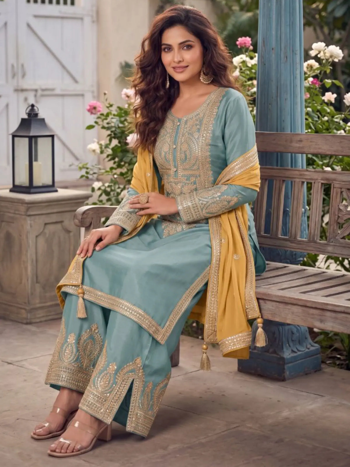 Powder Blue Embroidered Chinon Silk Palazzo Suit Set with Contrast Dupatta - View 4