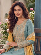 Powder Blue Embroidered Chinon Silk Palazzo Suit Set with Contrast Dupatta - View 5