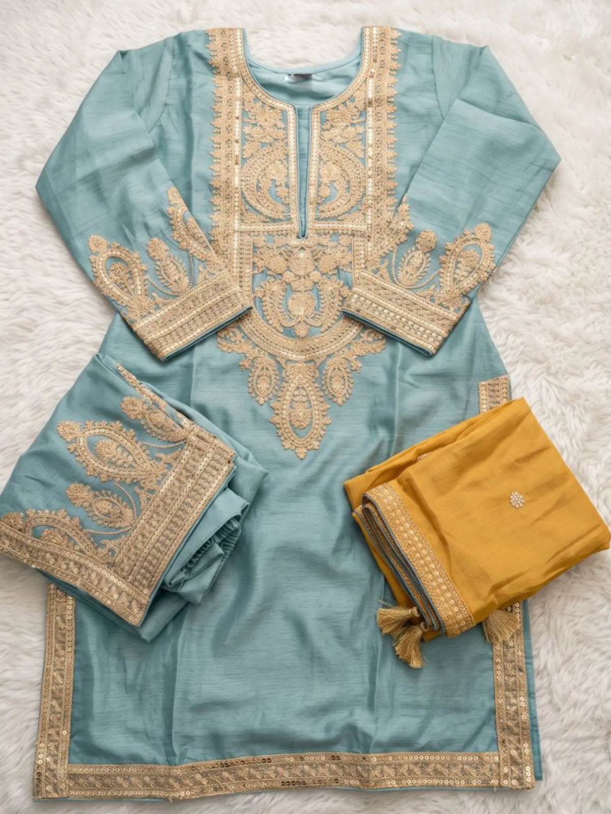 Powder Blue Embroidered Chinon Silk Palazzo Suit Set with Contrast Dupatta - View 6