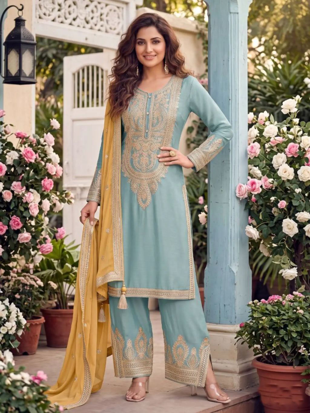 Powder Blue Embroidered Chinon Silk Palazzo Suit Set with Contrast Dupatta - View 1