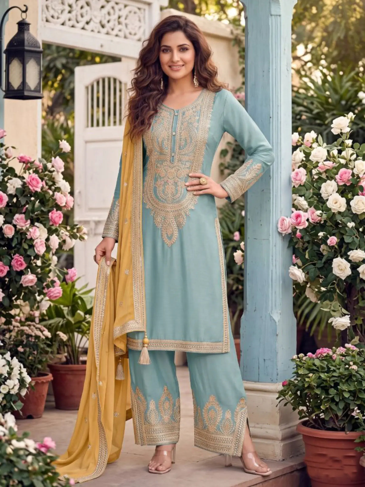 Powder Blue Embroidered Chinon Silk Palazzo Suit Set with Contrast Dupatta - View 1