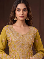 Olive Gold Embroidered Real Chinon Sharara Suit Set - View 2