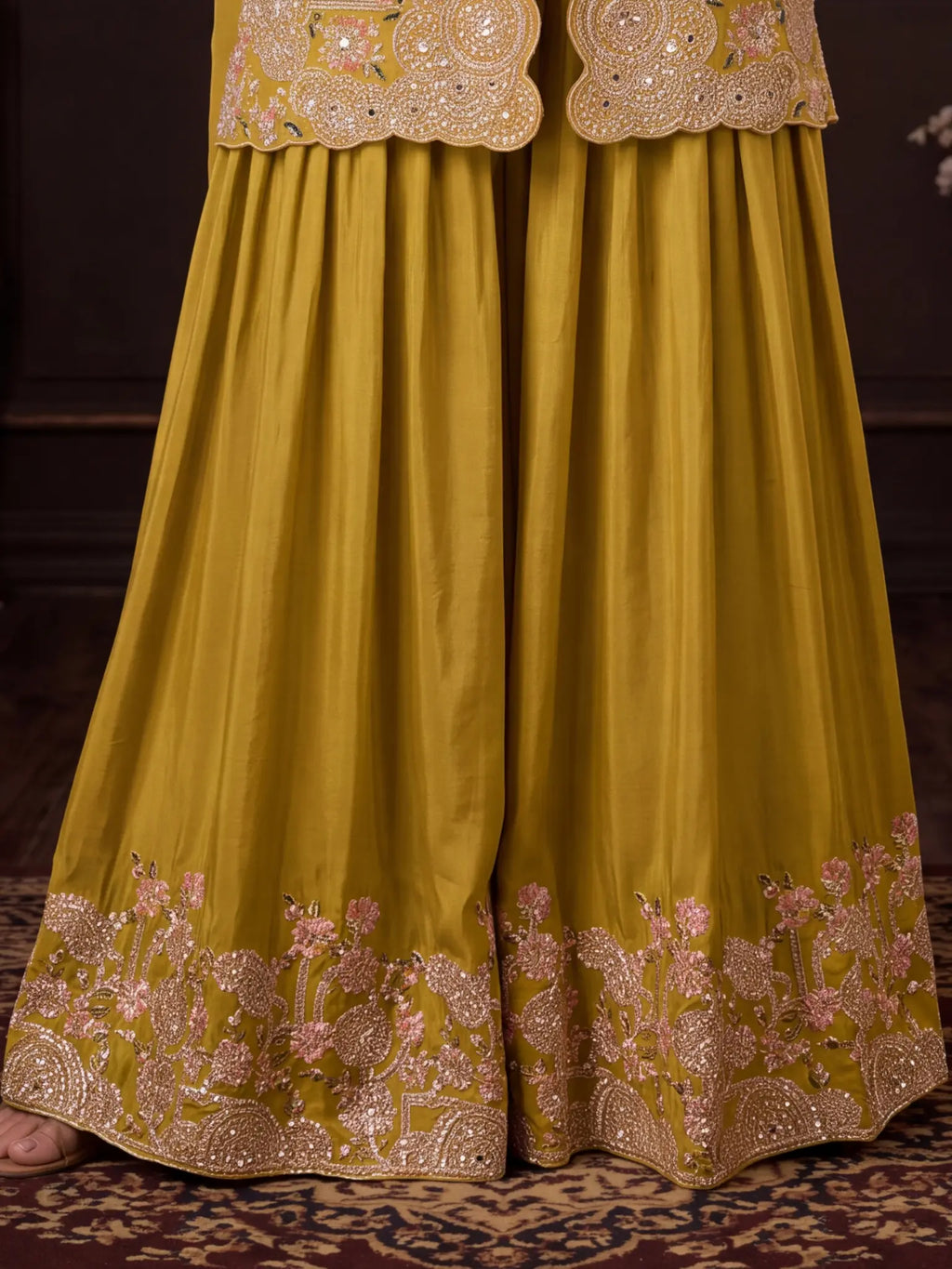 Olive Gold Embroidered Real Chinon Sharara Suit Set - View 3