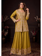 Olive Gold Embroidered Real Chinon Sharara Suit Set - View 1