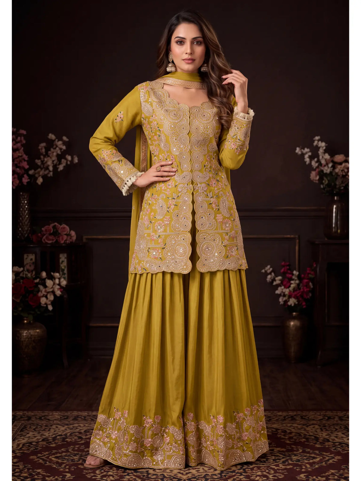 Olive Gold Embroidered Real Chinon Sharara Suit Set - View 1