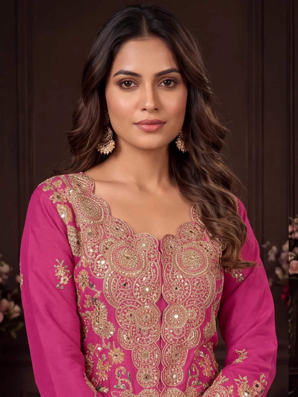 Magenta Pink Embroidered Real Chinon Sharara Suit Set - View 2