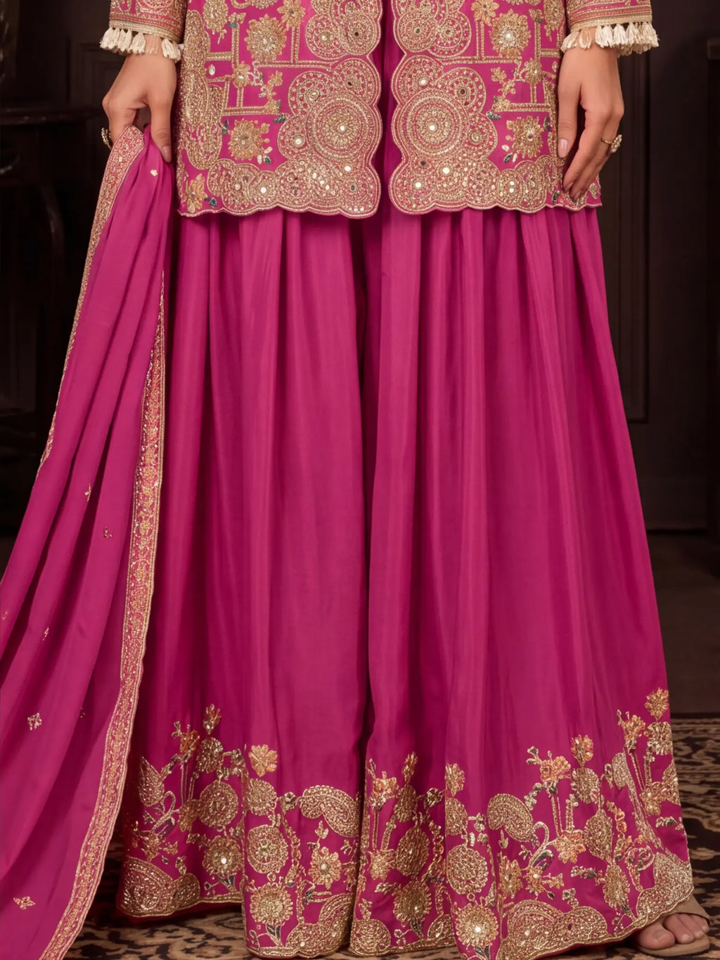 Magenta Pink Embroidered Real Chinon Sharara Suit Set - View 3