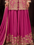 Magenta Pink Embroidered Real Chinon Sharara Suit Set - View 3