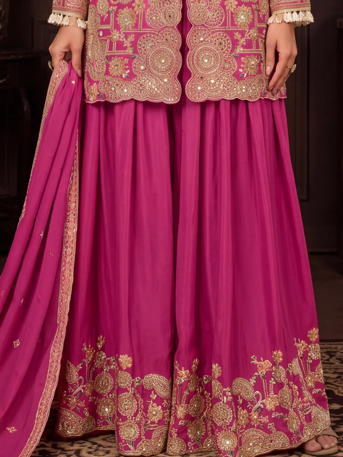 Magenta Pink Embroidered Real Chinon Sharara Suit Set - View 3