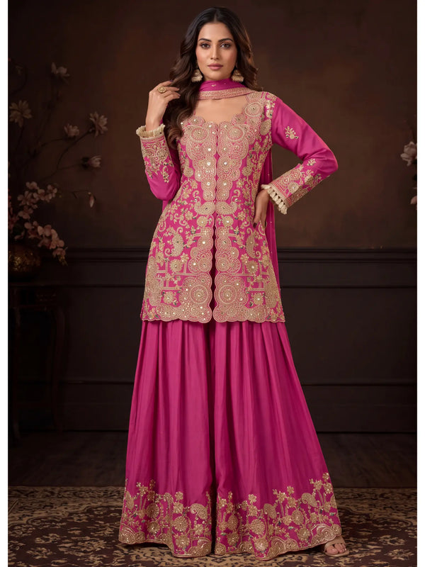 Magenta Pink Embroidered Real Chinon Sharara Suit Set - View 1