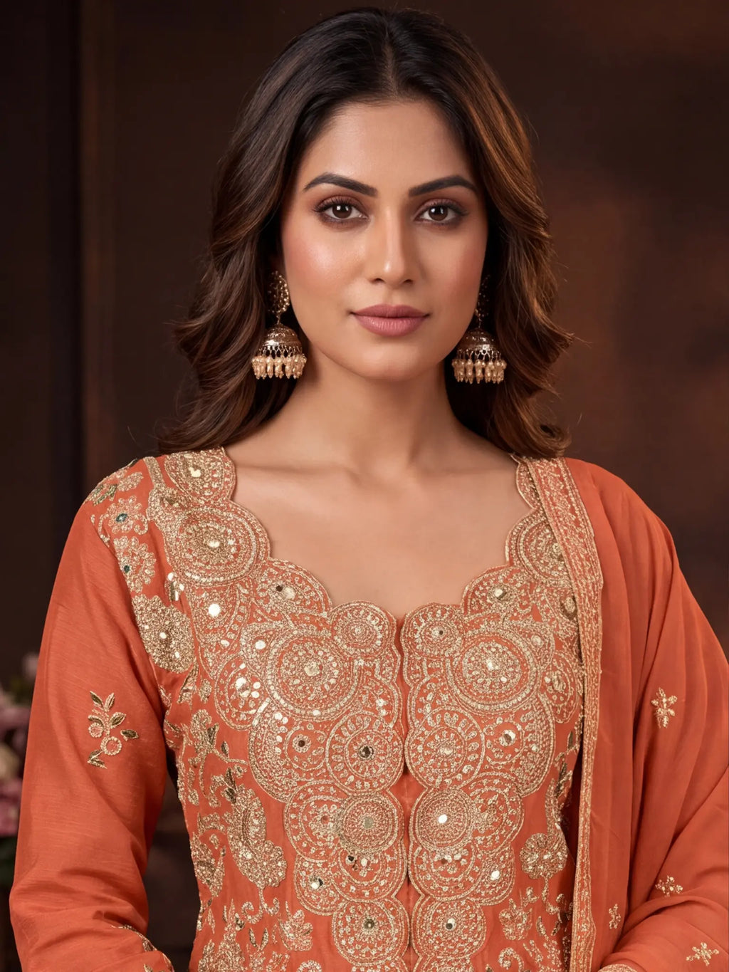 Rust Orange Embroidered Real Chinon Sharara Suit Set - View 2