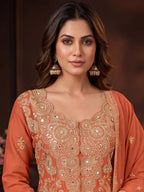 Rust Orange Embroidered Real Chinon Sharara Suit Set - View 2