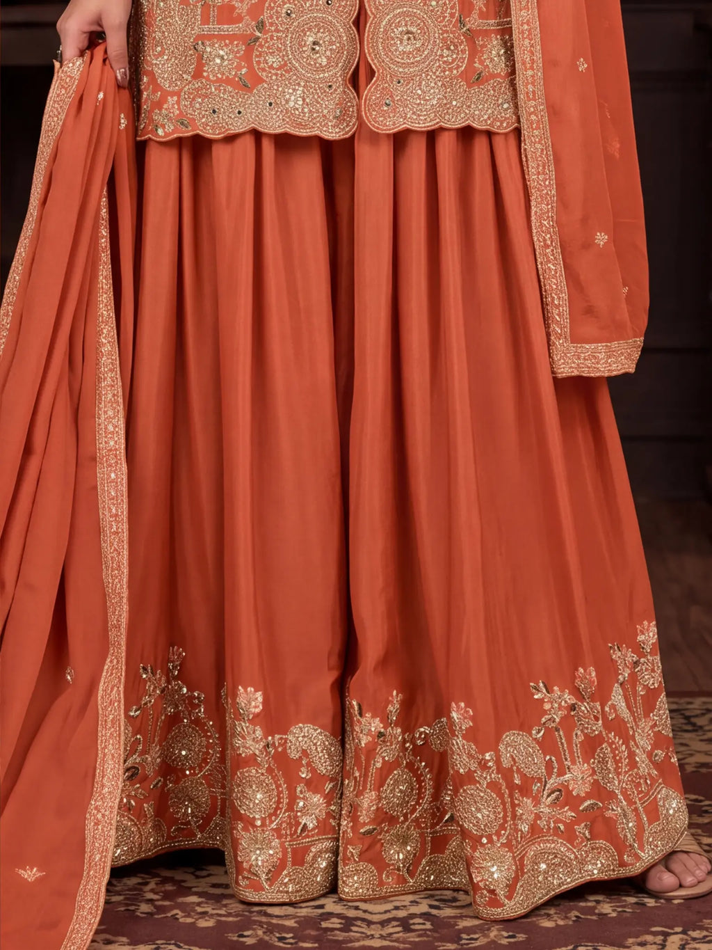 Rust Orange Embroidered Real Chinon Sharara Suit Set - View 3