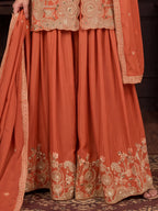 Rust Orange Embroidered Real Chinon Sharara Suit Set - View 3
