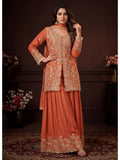 Rust Orange Embroidered Real Chinon Sharara Suit Set - View 1