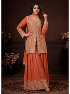 Rust Orange Embroidered Real Chinon Sharara Suit Set - View 1