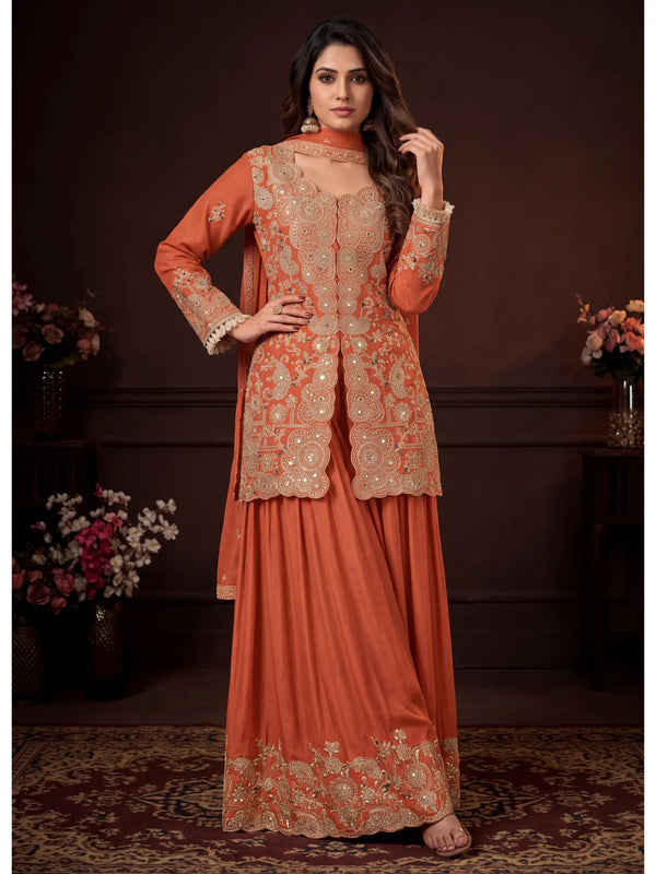 Rust Orange Embroidered Real Chinon Sharara Suit Set - View 1