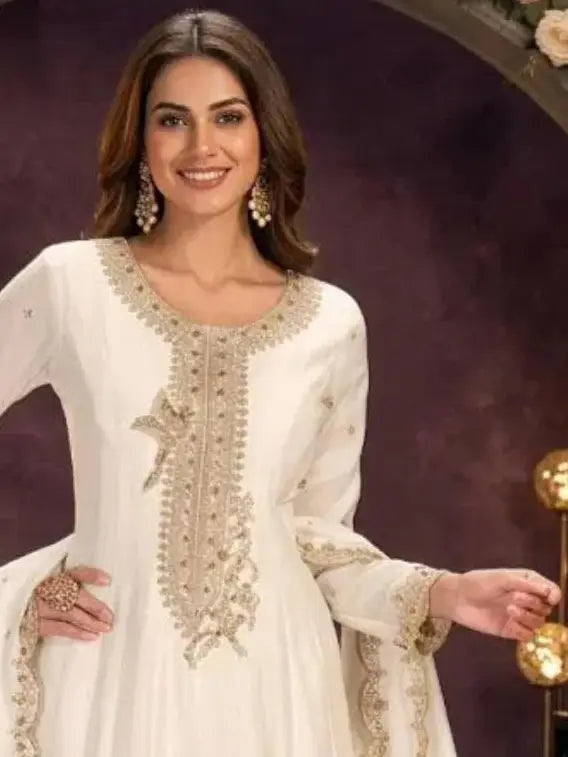 Off White Embroidered Silk Anarkali Palazzo Suit Set with Dupatta View 2