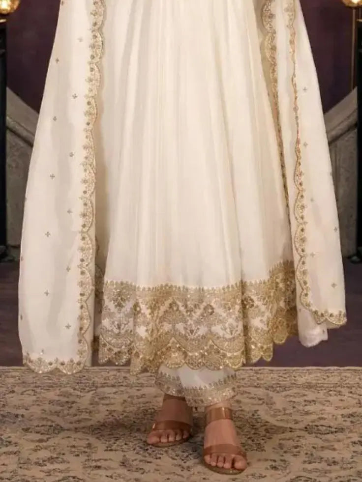 Off White Embroidered Silk Anarkali Palazzo Suit Set with Dupatta View 3