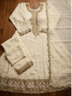 Off White Embroidered Silk Anarkali Palazzo Suit Set with Dupatta View 5