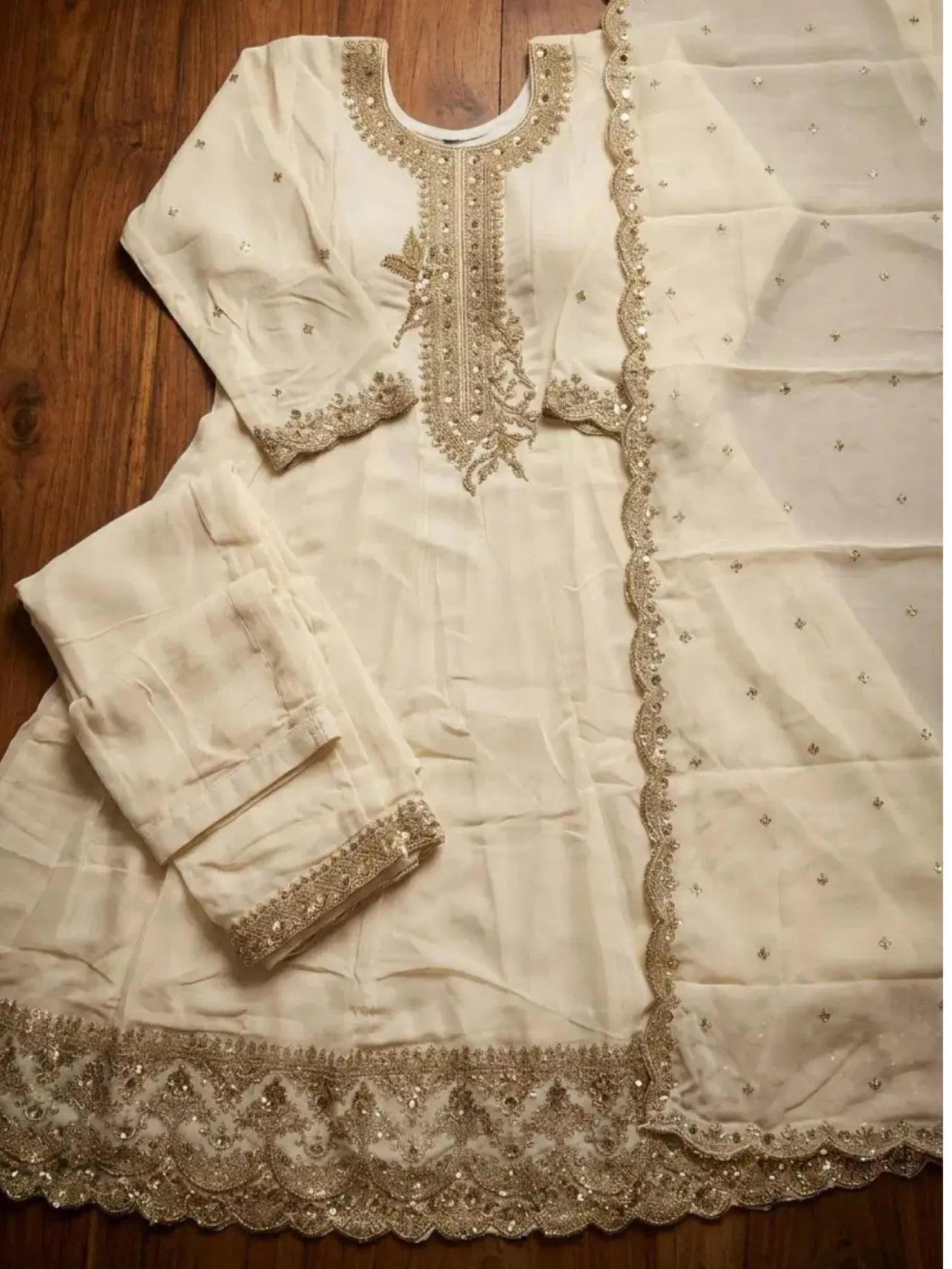 Off White Embroidered Silk Anarkali Palazzo Suit Set with Dupatta View 5