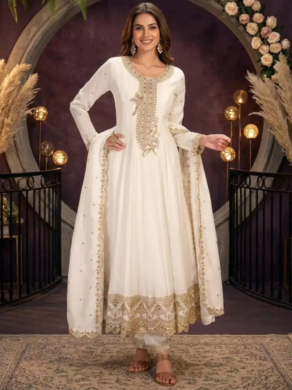 Off White Embroidered Silk Anarkali Palazzo Suit Set with Dupatta View 1
