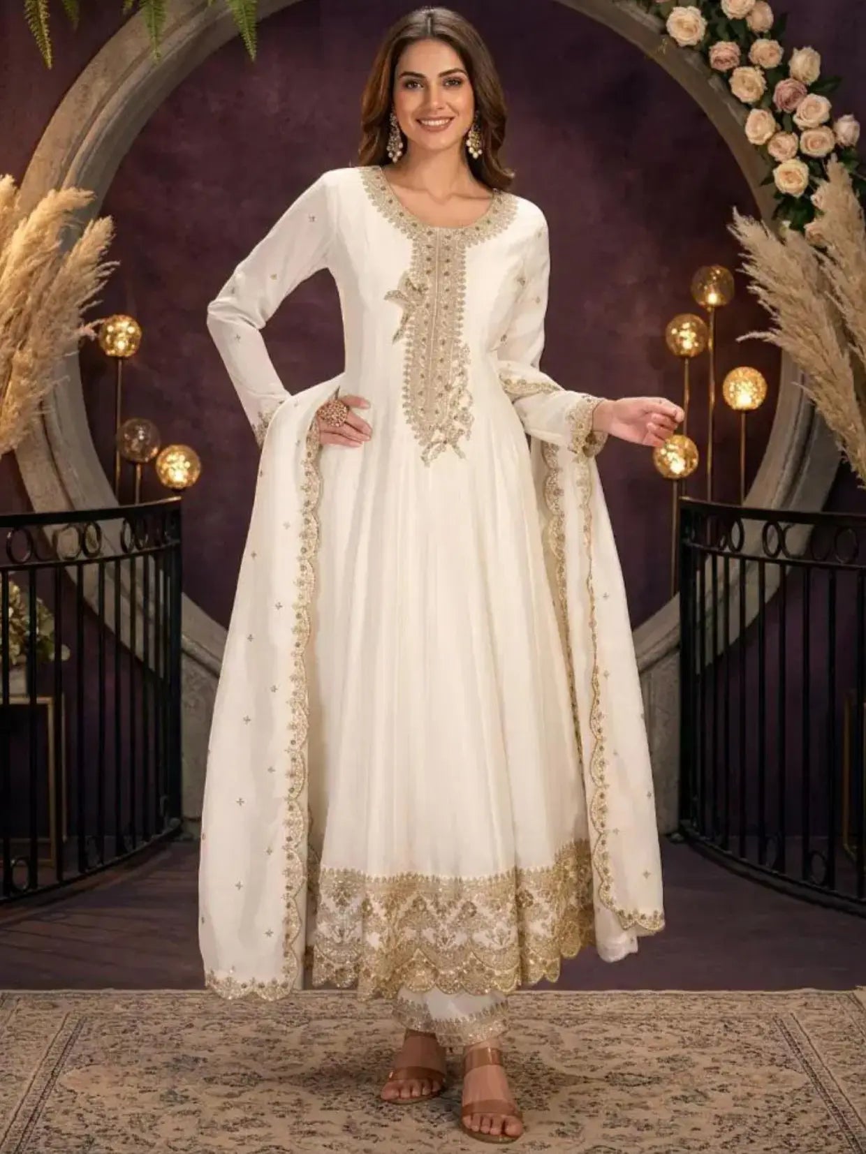Off White Embroidered Silk Anarkali Palazzo Suit Set with Dupatta View 1