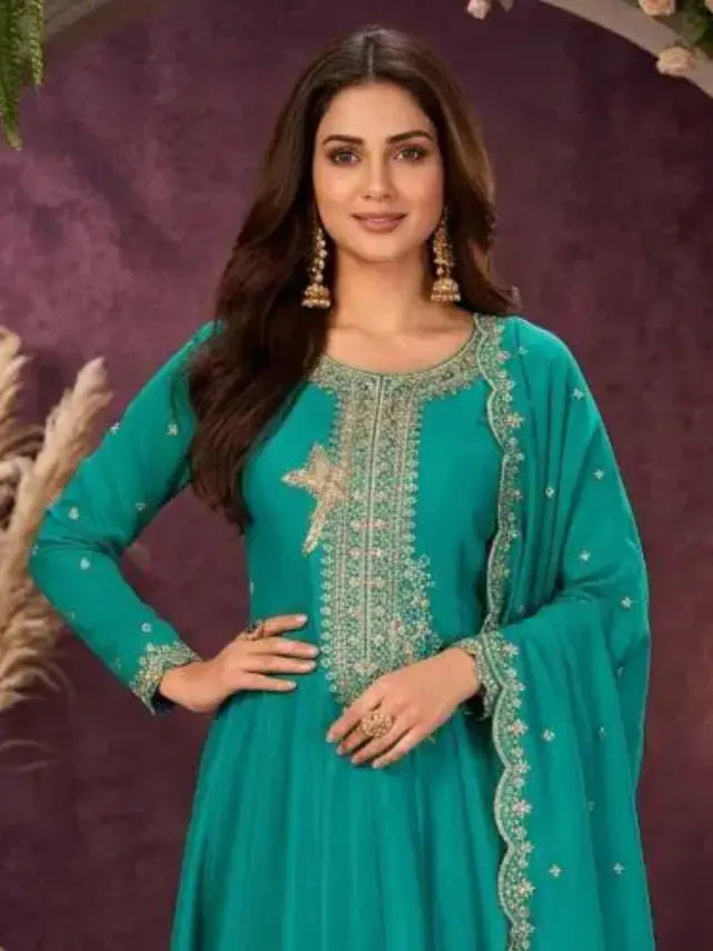 Teal Green Embroidered Silk Anarkali Palazzo Suit Set with Dupatta View 2