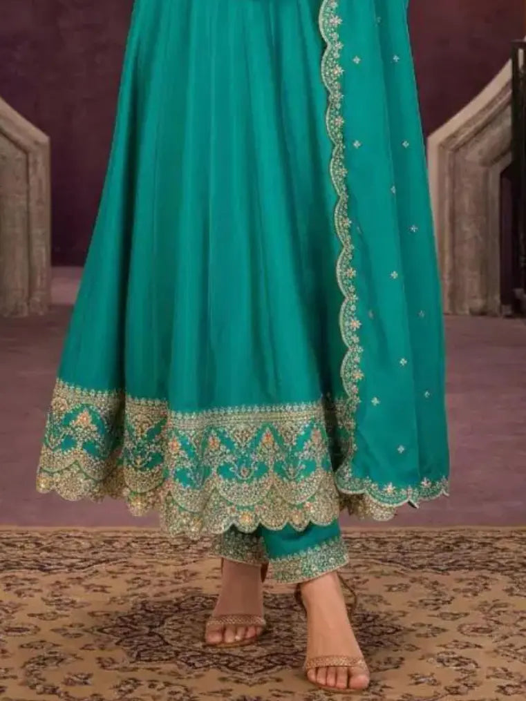 Teal Green Embroidered Silk Anarkali Palazzo Suit Set with Dupatta View 3