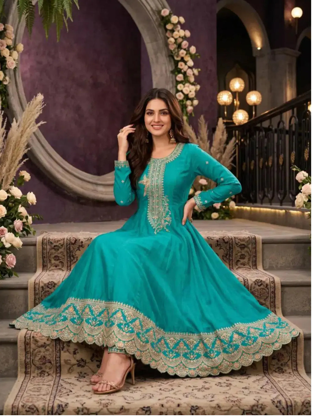 Teal Green Embroidered Silk Anarkali Palazzo Suit Set with Dupatta View 4