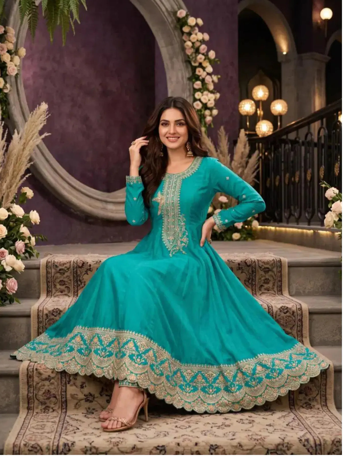 Teal Green Embroidered Silk Anarkali Palazzo Suit Set with Dupatta View 4