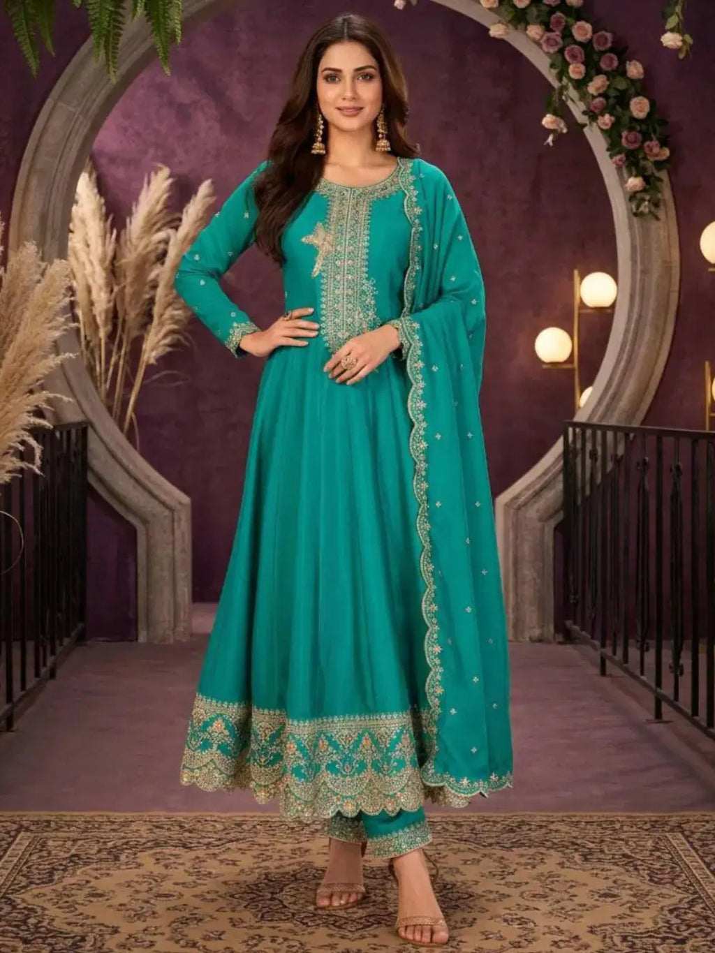 Teal Green Embroidered Silk Anarkali Palazzo Suit Set with Dupatta View 1