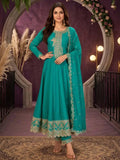 Teal Green Embroidered Silk Anarkali Palazzo Suit Set with Dupatta View 1