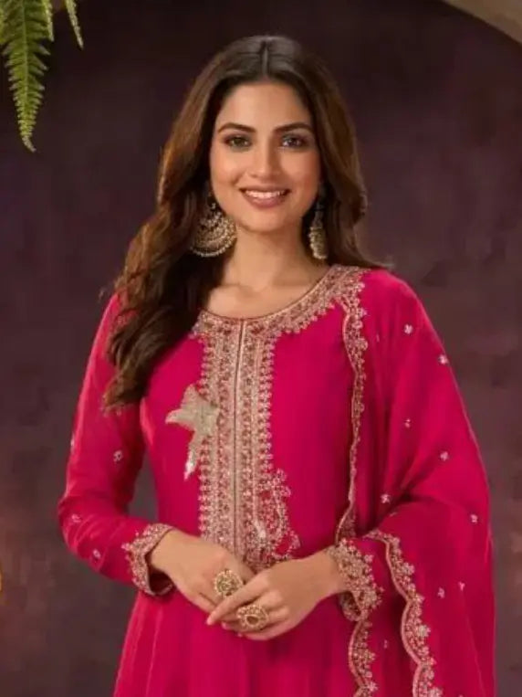 Magenta Pink Embroidered Silk Anarkali Palazzo Suit Set with Dupatta View 2