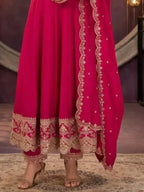 Magenta Pink Embroidered Silk Anarkali Palazzo Suit Set with Dupatta View 3