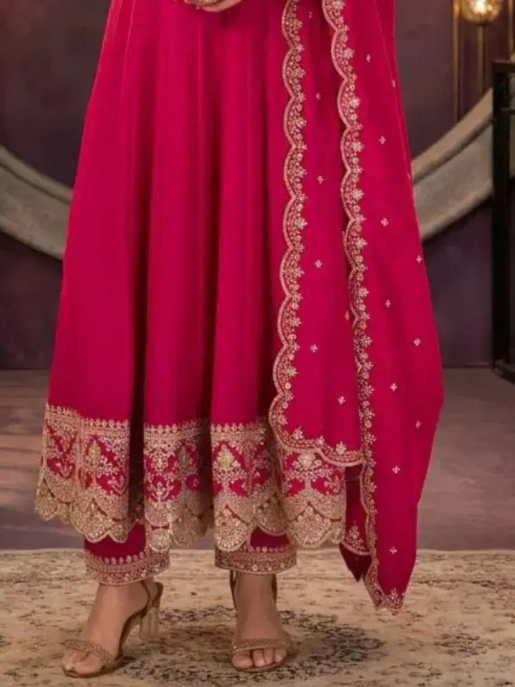 Magenta Pink Embroidered Silk Anarkali Palazzo Suit Set with Dupatta View 3