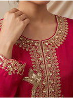 Magenta Pink Embroidered Silk Anarkali Palazzo Suit Set with Dupatta View 4