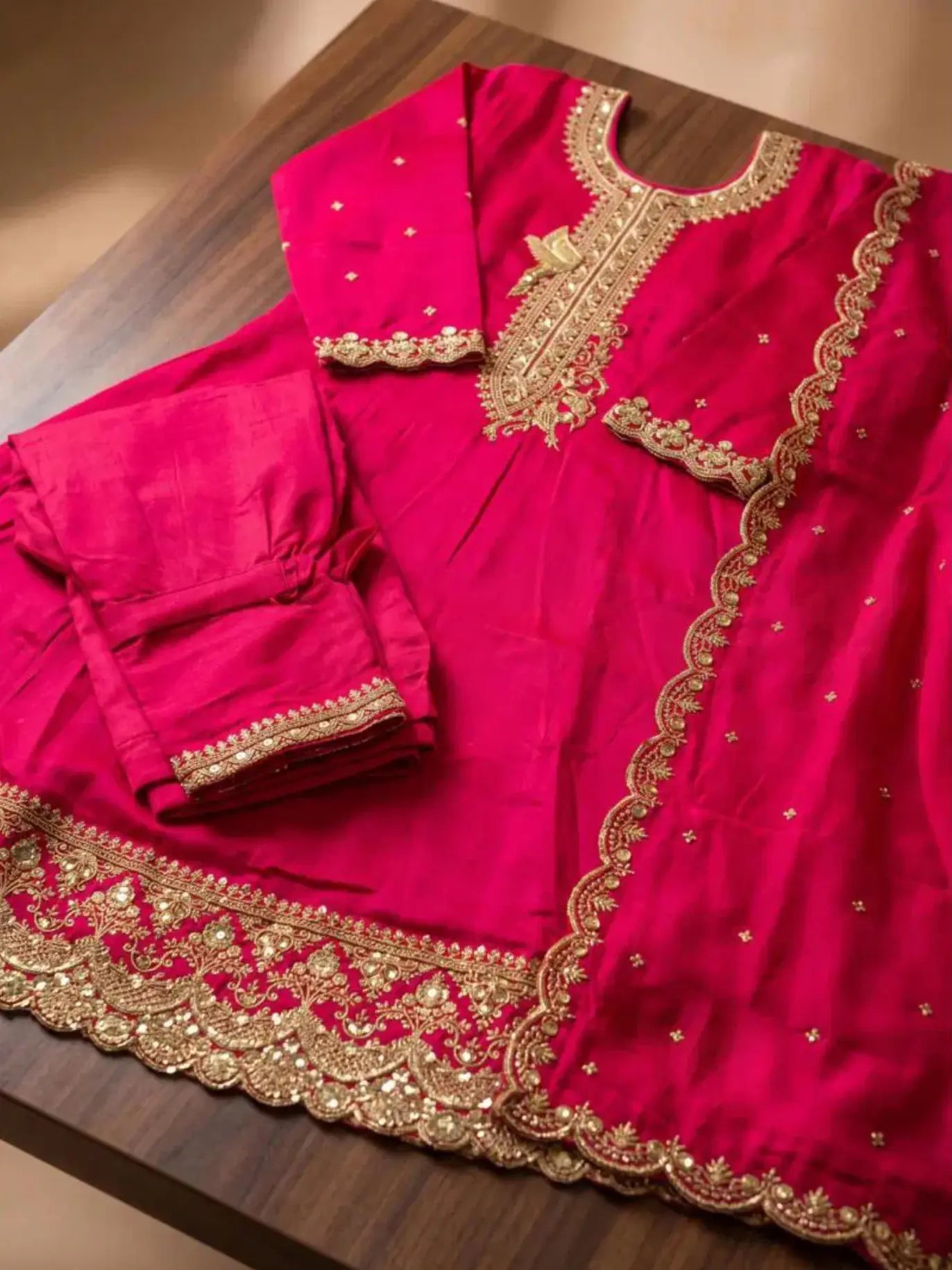 Magenta Pink Embroidered Silk Anarkali Palazzo Suit Set with Dupatta View 5