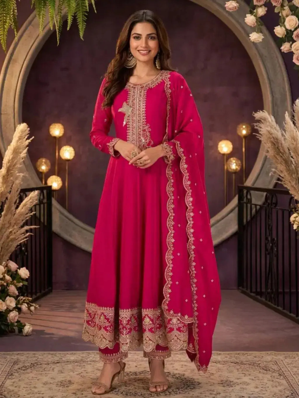 Magenta Pink Embroidered Silk Anarkali Palazzo Suit Set with Dupatta View 1
