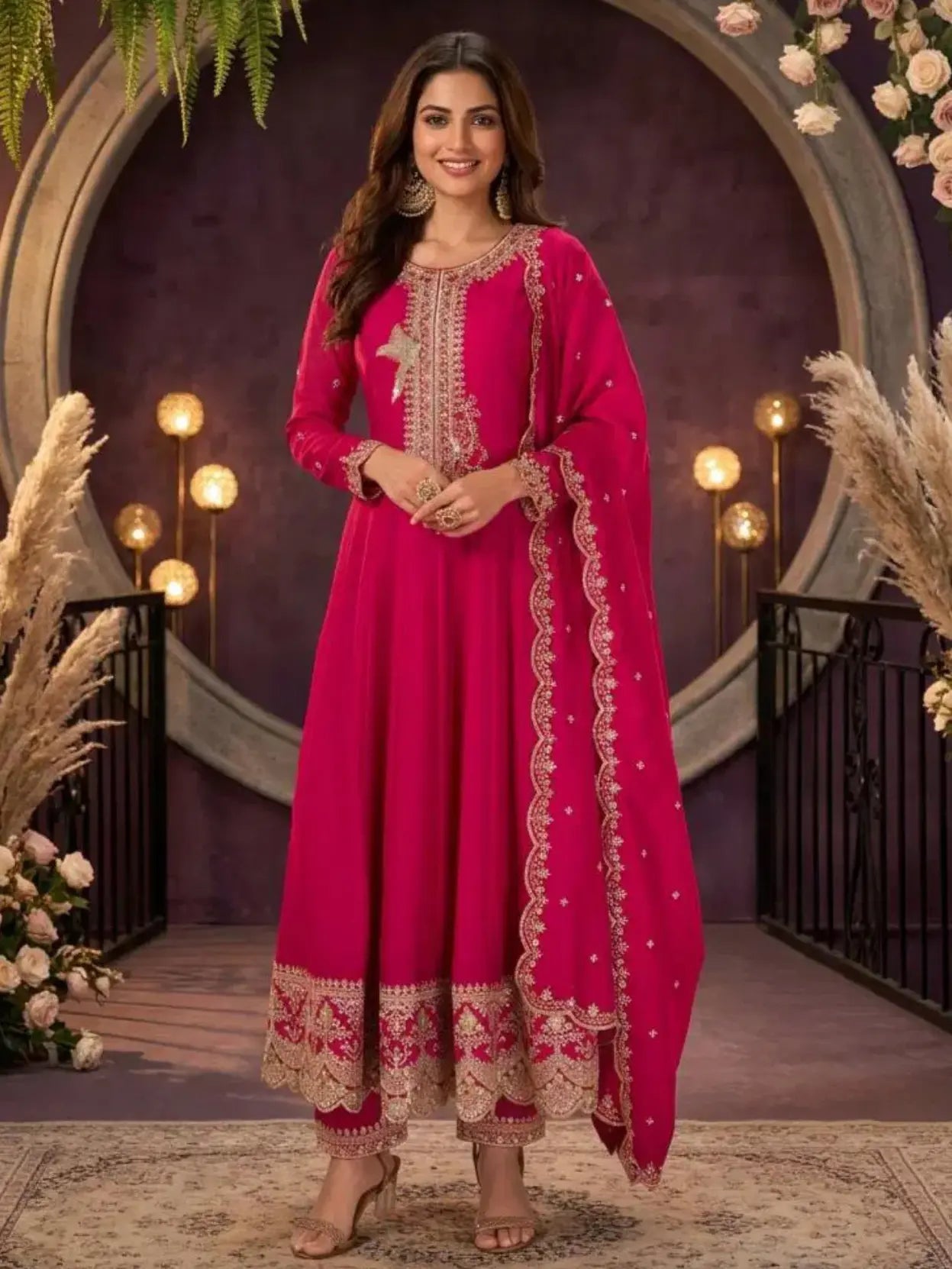 Magenta Pink Embroidered Silk Anarkali Palazzo Suit Set with Dupatta View 1