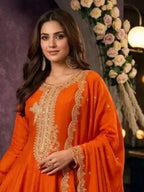 Tangerine Orange Embroidered Silk Anarkali Palazzo Suit Set with Dupatta View 2