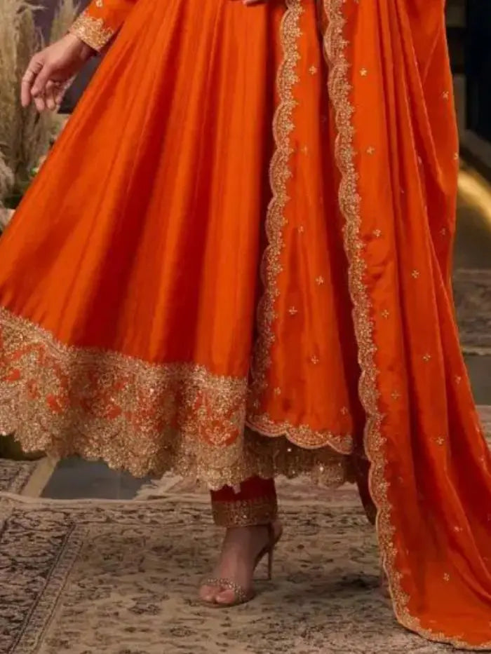 Tangerine Orange Embroidered Silk Anarkali Palazzo Suit Set with Dupatta View 3