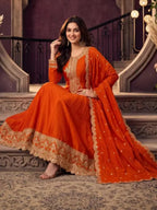Tangerine Orange Embroidered Silk Anarkali Palazzo Suit Set with Dupatta View 4