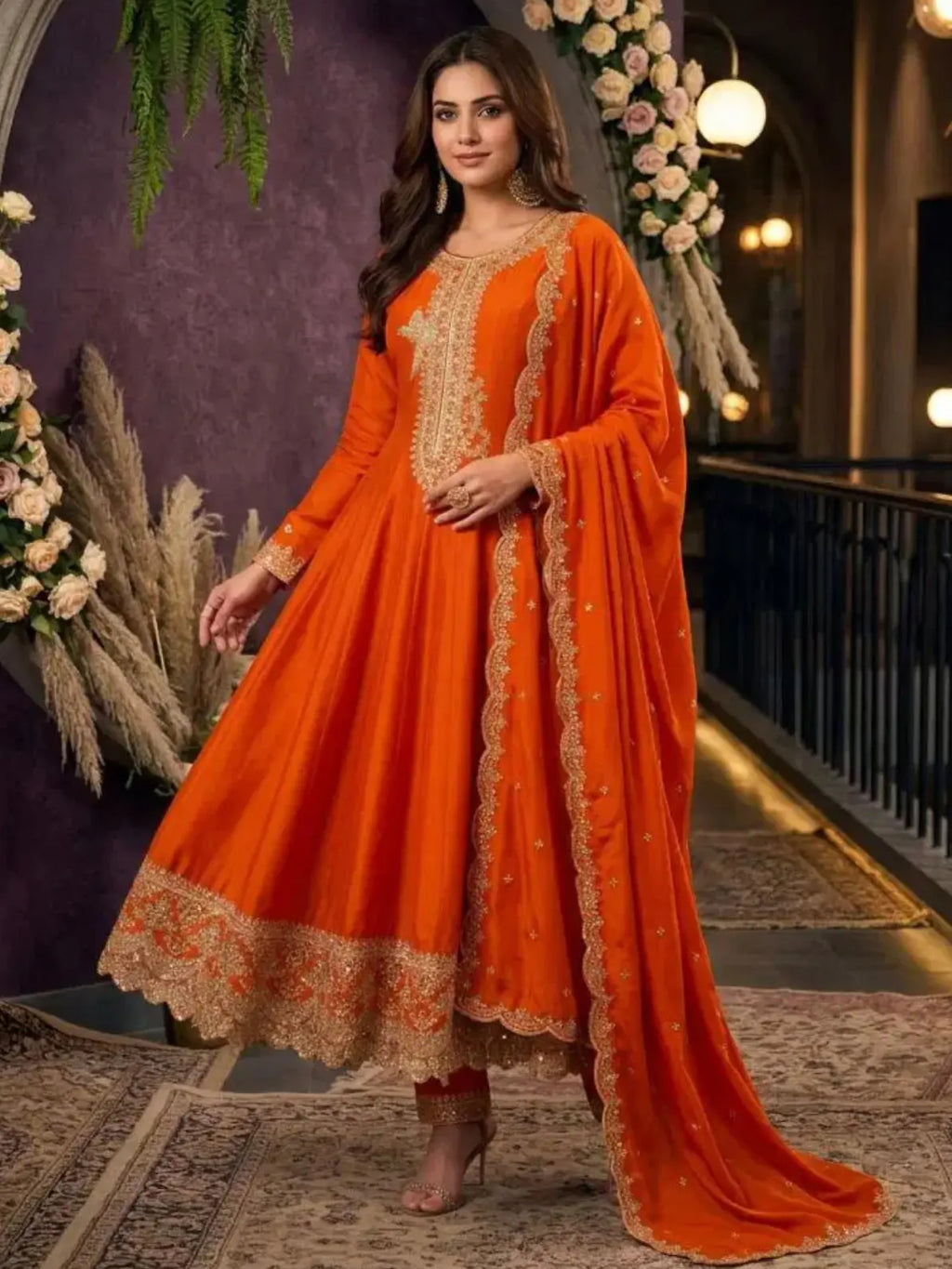 Tangerine Orange Embroidered Silk Anarkali Palazzo Suit Set with Dupatta View 1
