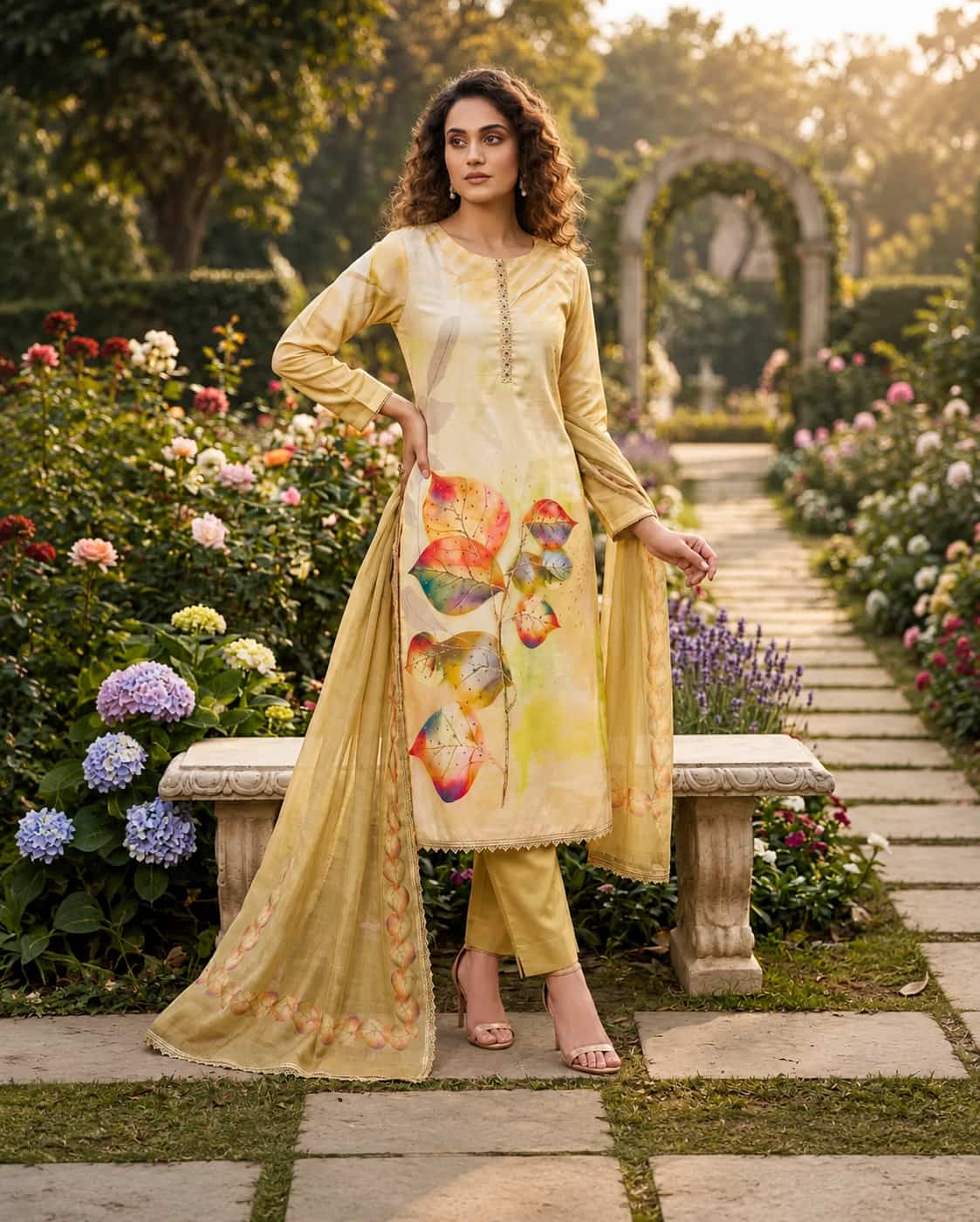 Premium Yellow Rayon Cotton Digital Print Handworked Readymade Suit Set with Soft Organza Dupatta for Women | Naksh Creation