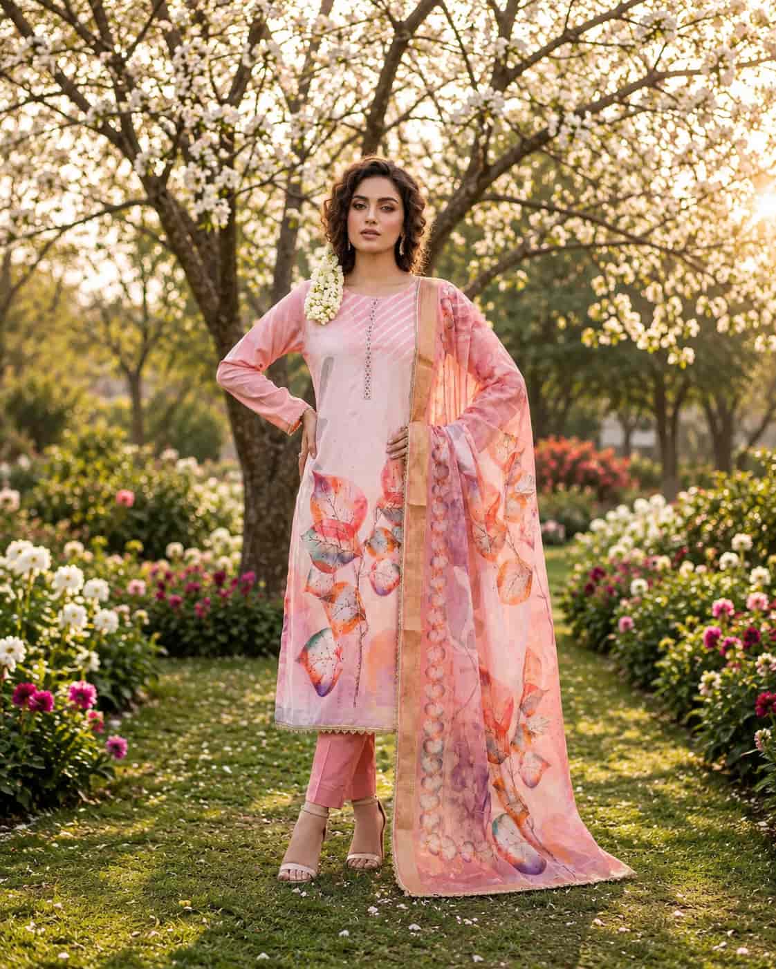 Premium Blush Pink Rayon Cotton Digital Print Handworked Readymade Suit Set with Soft Organza Dupatta for Women | Naksh Creation