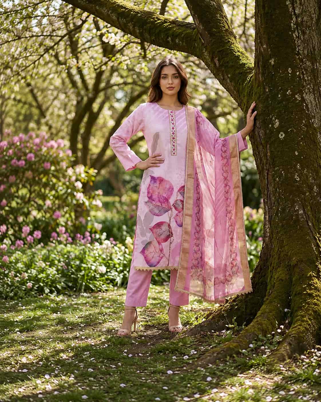 Premium Pink Rayon Cotton Digital Print Handworked Readymade Suit Set with Soft Organza Dupatta for Women | Naksh Creation