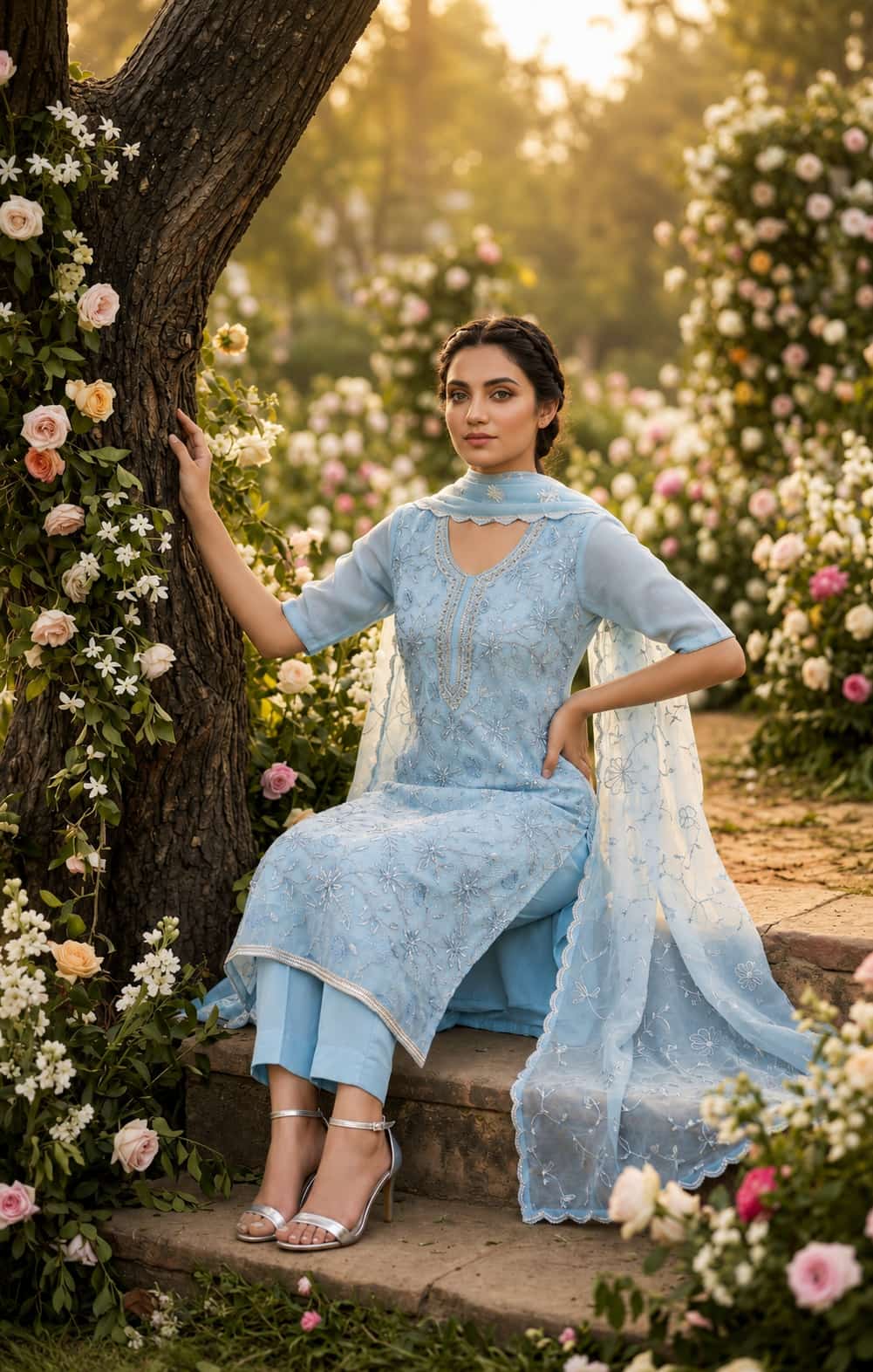 Sky Blue Organza Handwork Embroidered Salwar Kameez Suit